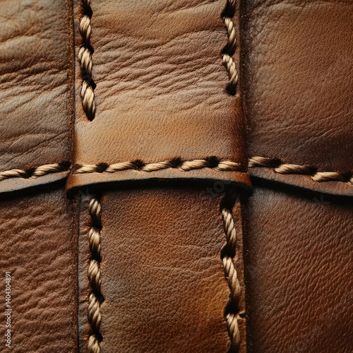 Close-up of brown leather with intricate stitching, woven pattern