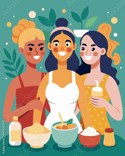 A group of friends organizing a homemade spa day using simple ingredients like honey and oatmeal for face masks instead of expensive spa treatments.. Vector illustration