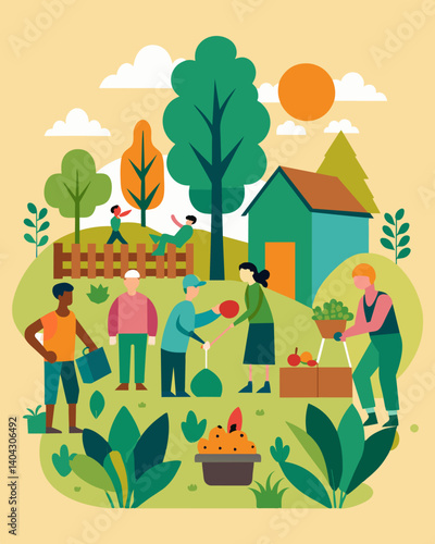 A community starts a community garden project to provide food and resources for residents during times of economic hardship.. Vector illustration
