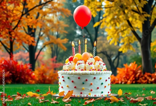 Autumn park birthday cake, colorful balloons float amidst vibrant fall foliage, orange, vibrant