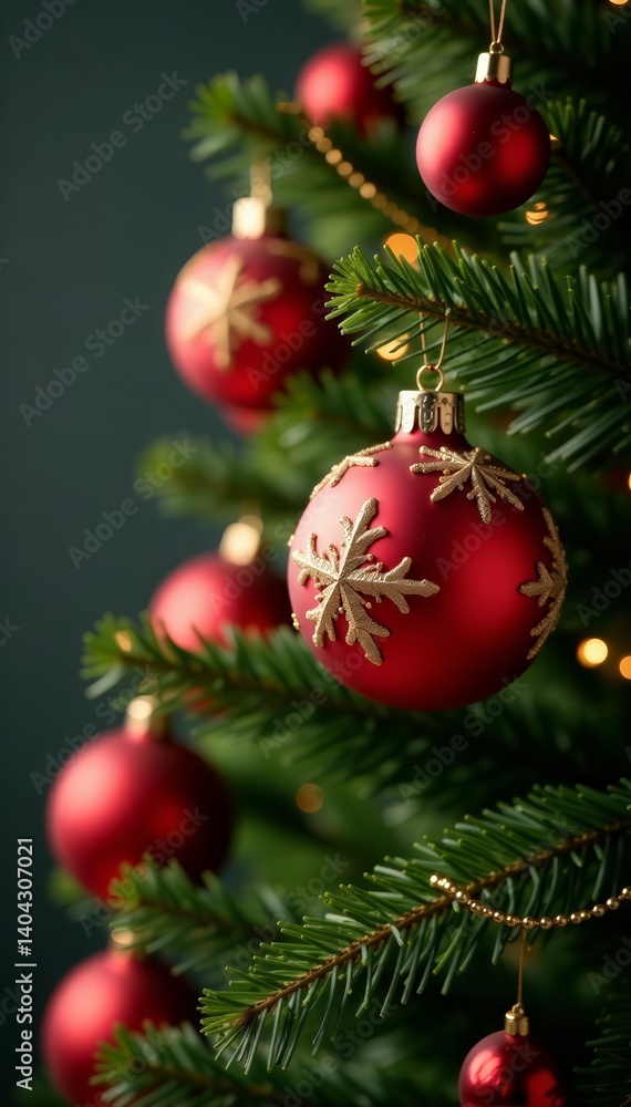Festive red and gold ornaments on a Christmas tree, event, Christmas tree Festive red and gold ornaments on a Christmas tree, event, Christmas tree