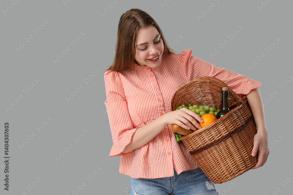 Beautiful young happy woman with food and bottle of wine for picnic in wicker basket on grey background Beautiful young happy woman with food and bottle of wine for picnic in wicker basket on grey background