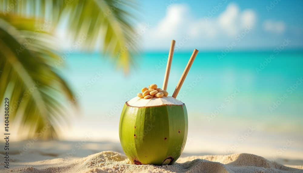 Tropical Coconut Drink on a Sandy Beach Tropical Coconut Drink on a Sandy Beach