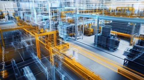 A futuristic industrial setting with yellow and blue lines and shapes. The image is a computer generated rendering of a factory floor