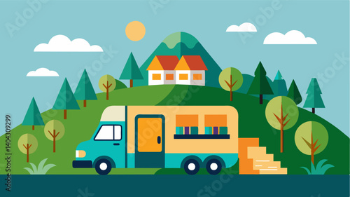 A bookmobile driving through a rural area bringing books and a community book exchange to people who may not have easy access to them.. Vector illustration