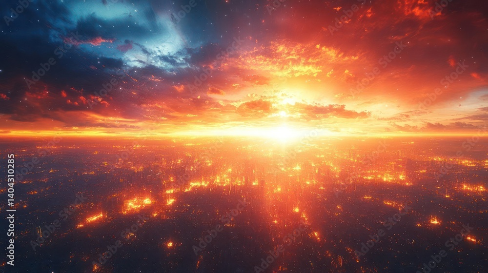 Fototapeta premium Epic city sunrise, fiery horizon