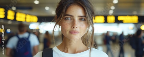 Young woman at airport with hopeful expression and natural beauty