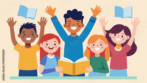 A group of elementary school students excitedly raise their hands as they eagerly participate in a book discussion led by a librarian.. Vector illustration