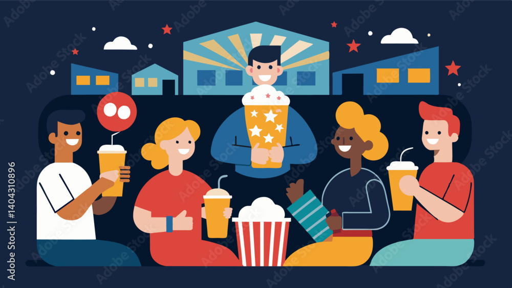 A local brewery partnered with their neighborhood theater to host a movie night with craft beer and snacks available to enjoy during the film. After the screening film buffs. Vector illustration