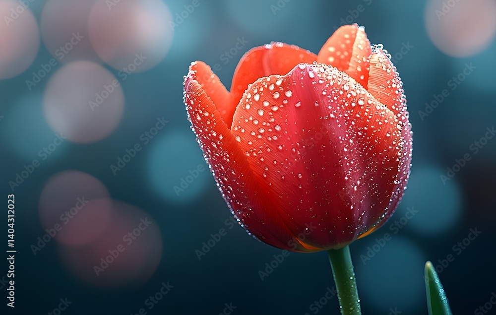 Fototapeta premium Macro image of red tulip with dew drops representing hope and awareness for Parkinson’s disease, against abstract neural science background 