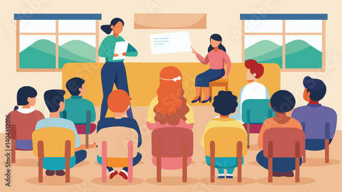 A neighborhood association meeting is held at a local school with families and individuals seated in rows of chairs. The moderator gives updates on ongoing community initiatives. Vector illustration