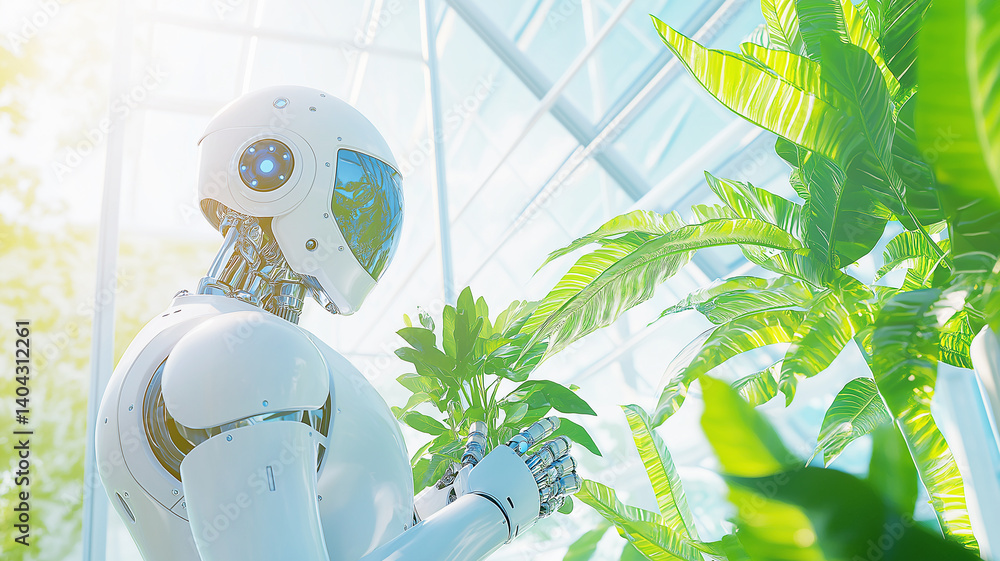 Futuristic scene of a humanoid robot cultivating plants in a modern greenhouse, surrounded by thriving greenery and sleek architecture