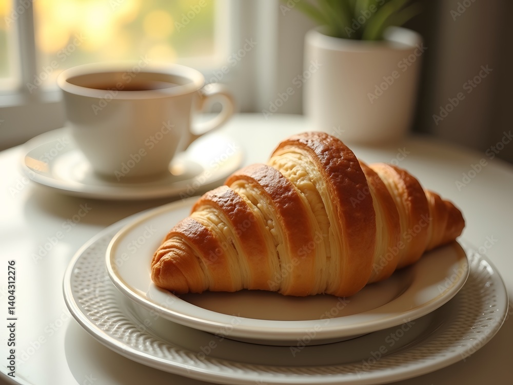 Golden Flaky Croissant and Coffee in Natural Light, Close-up View Golden Flaky Croissant and Coffee in Natural Light, Close-up View