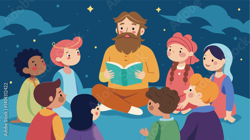 A group of children ed around a storyteller eagerly listening to a folktale from a different part of the world.. Vector illustration