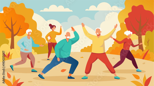 A group of retirees practicing Tai Chi in a serene park surrounded by colorful autumn foliage.. Vector illustration