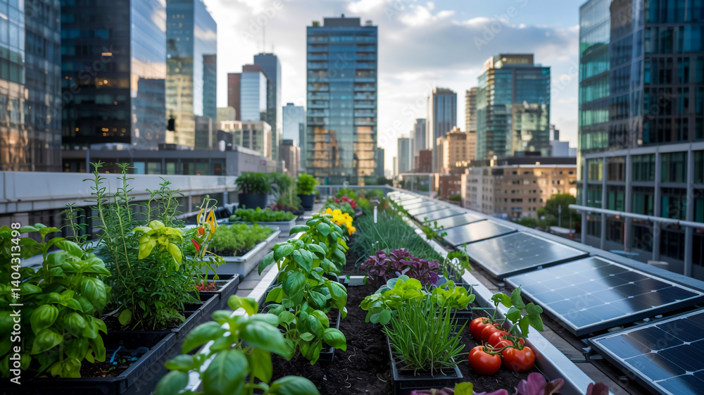 Urban Rooftop Garden Oasis with Metropolitan Skyline View Urban Rooftop Garden Oasis with Metropolitan Skyline View