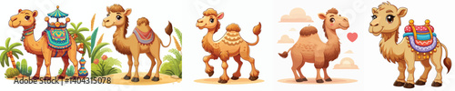 A collection of camel animal images with a cartoon style on a white background