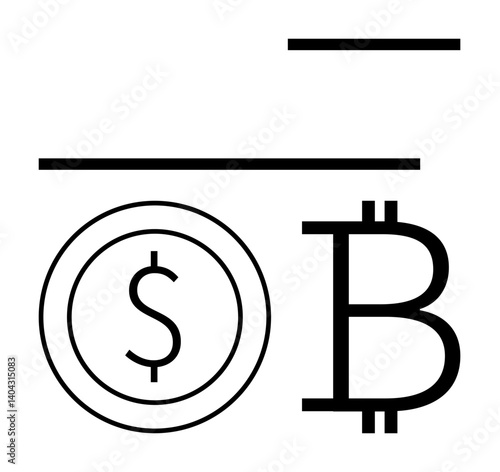 Dollar coin icon paired with Bitcoin symbol under minimalist horizontal lines. Ideal for finance, cryptocurrency, transactions, digital assets, blockchain, fintech, global trade, flat simple metaphor