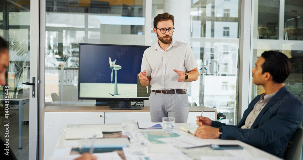 Businessman, meeting or presentation with documents for renewable or clean energy at conference. Man, employee or speaker talking to group with proposal for wind turbine or eco development at office Businessman, meeting or presentation with documents for renewable or clean energy at conference. Man, employee or speaker talking to group with proposal for wind turbine or eco development at office