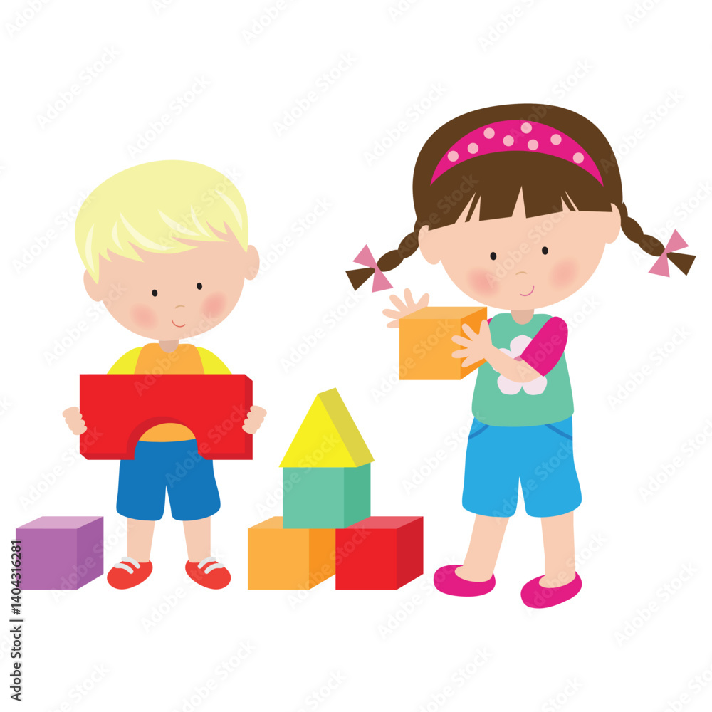 Little children playing with building blocks vector cartoon illustration Little children playing with building blocks vector cartoon illustration