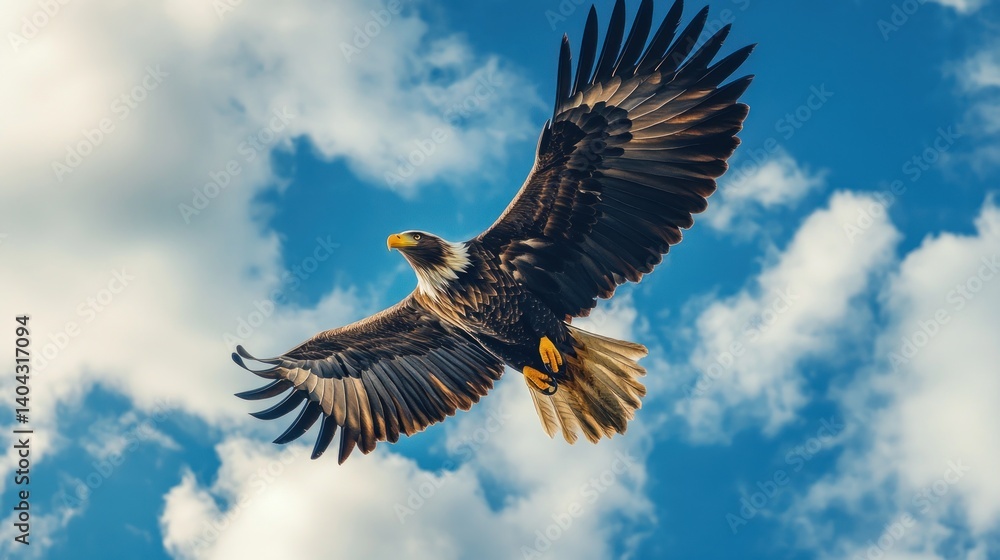 Obraz premium Majestic bald eagle soaring through a vibrant sky filled with fluffy white clouds.