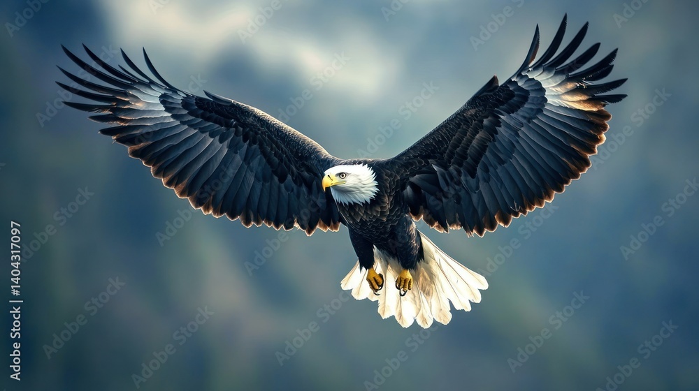 Naklejka premium Majestic bald eagle soaring high in the sky, wings outstretched against a blurred backdrop of mountains.