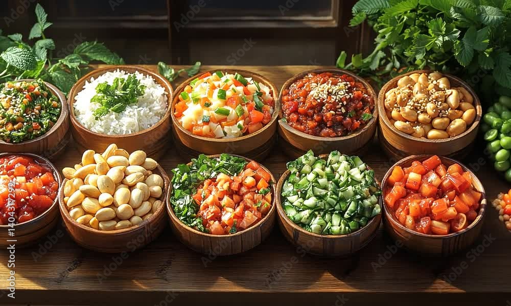 A vibrant display of fresh ingredients in wooden bowls, showcasing a variety of colors and textures A vibrant display of fresh ingredients in wooden bowls, showcasing a variety of colors and textures