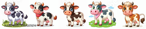 Collection of cow animal images in cartoon style with white background