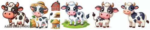 Collection of cow animal images in cartoon style with white background