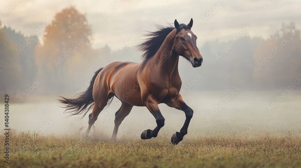 Obraz premium Majestic brown horse galloping through a misty autumn field.