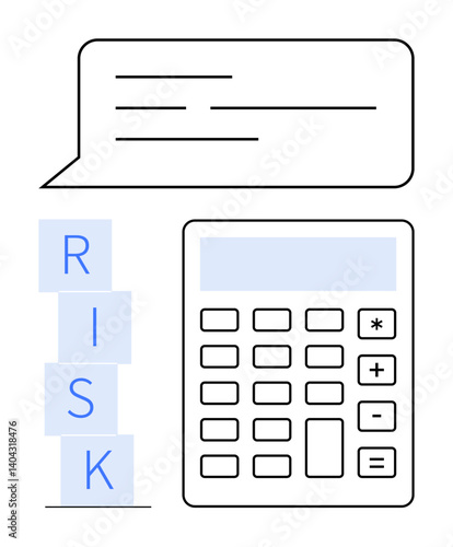 Calculator next to stacked RISK blocks and text bubble. Ideal for finance, planning, compliance, risk analysis, decision-making, calculations, abstract line flat metaphor