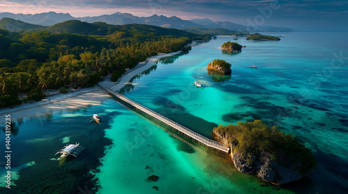 Tropical Paradise Aerial View – Turquoise Waters and Wooden Bridge in Cebu, Philippines