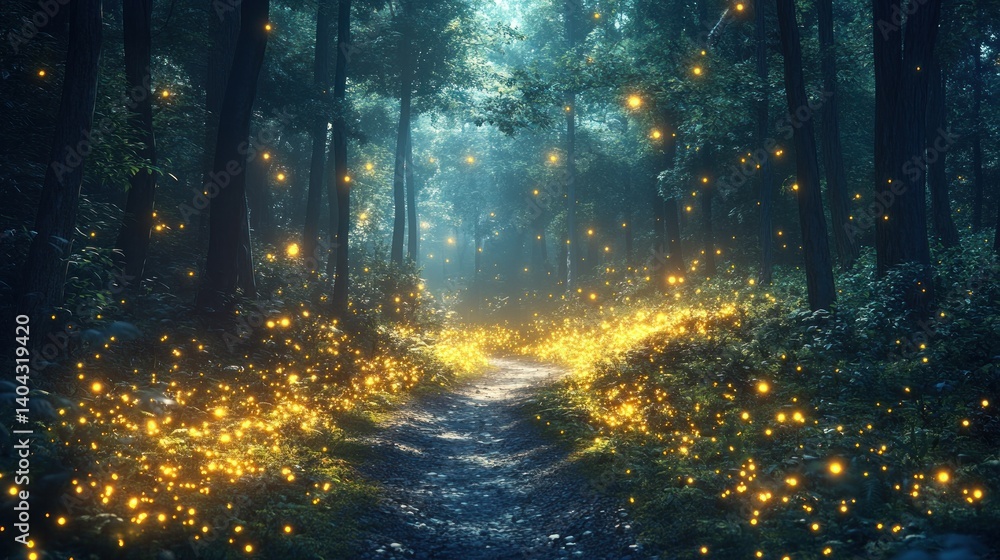 Naklejka premium Firefly path in mystical forest