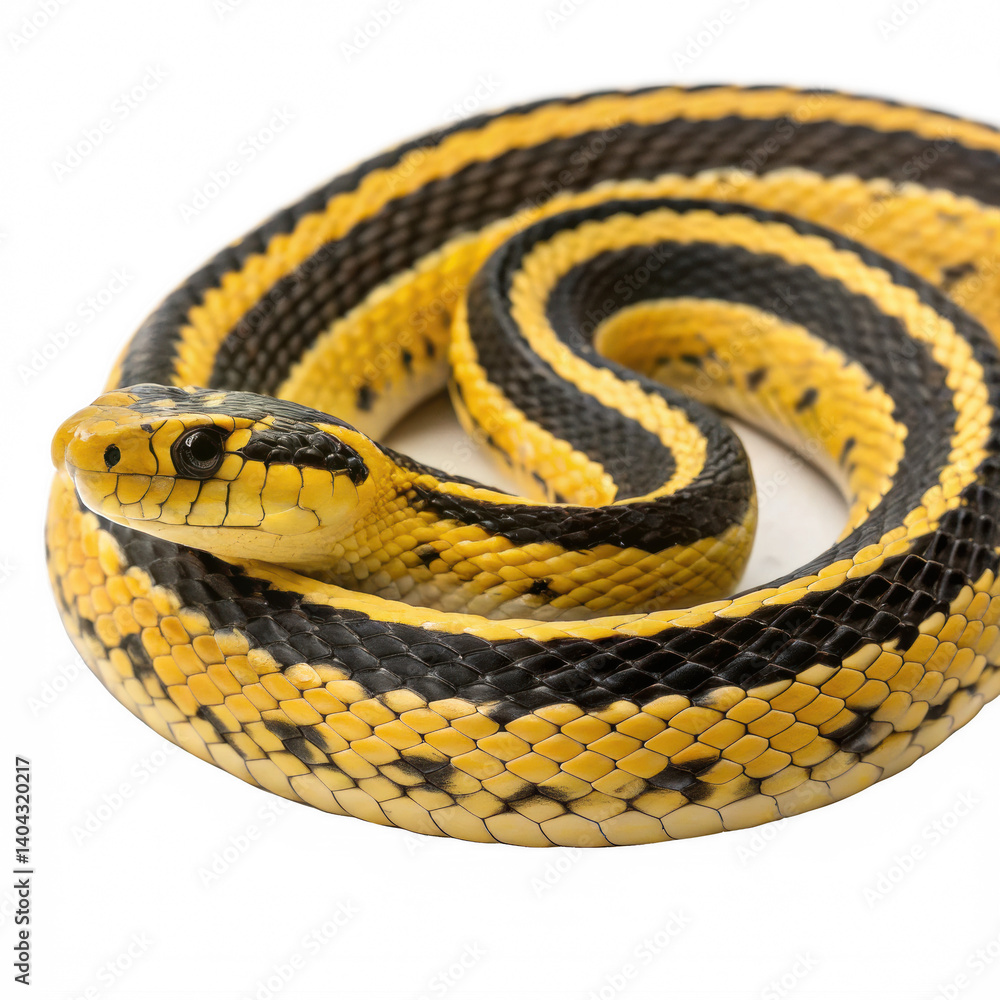 Fototapeta premium Striking Yellow and Black Striped Snake A Close-Up View of a Coiled Reptile Isolated on White Background