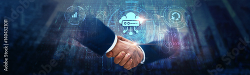 Canvas-taulu Cloud Computing: Businessman handshake on digital interface and seamless data exchange across global network