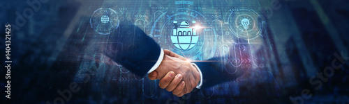 Fotografie E-Governance: Businessman handshake on digital interface and enhancing transparency in global network