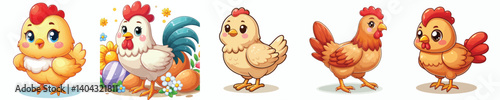 Collection of cartoon style chicken animal images with white background