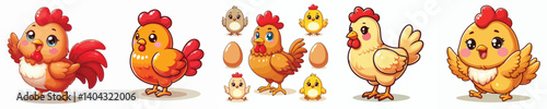 Collection of cartoon style chicken animal images with white background