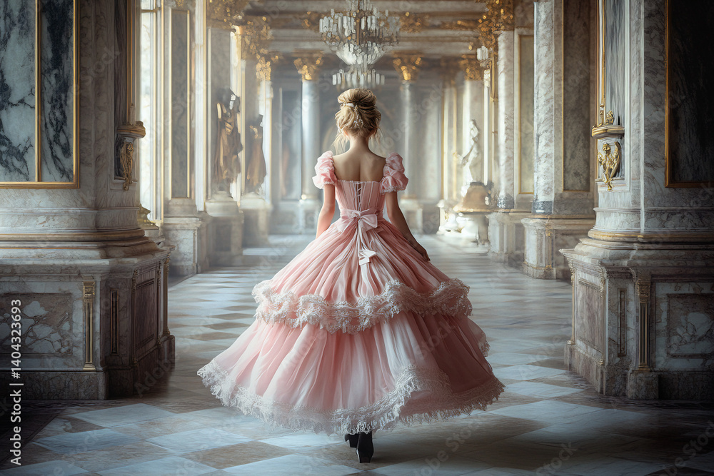 woman in a voluminous, ruffled pink ballgown walking down a grand palace corridor.