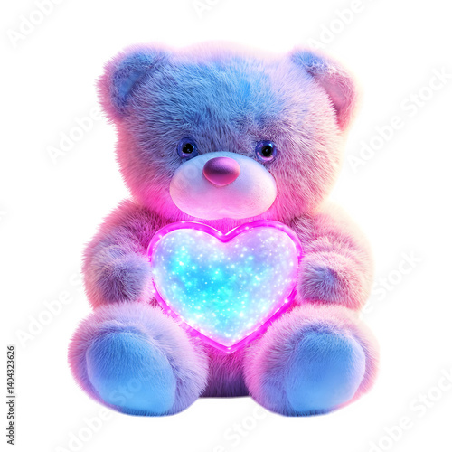 Cute blue plush teddy bear holding glowing pink heart, isolated on white background, pastel soft toy character for love, valentines, romance, greeting design