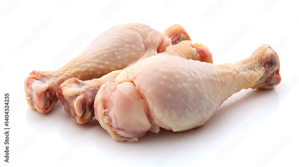 Three Raw Chicken Drumsticks on White Background Three Raw Chicken Drumsticks on White Background