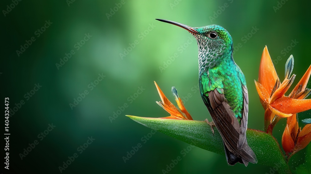 Fototapeta premium Exotic tropical hummingbird perched gracefully on a vibrant flower in a lush and colorful natural setting