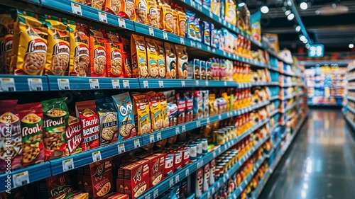 This shelves are lined with various snack packages, showcasing vibrant colors and branding.