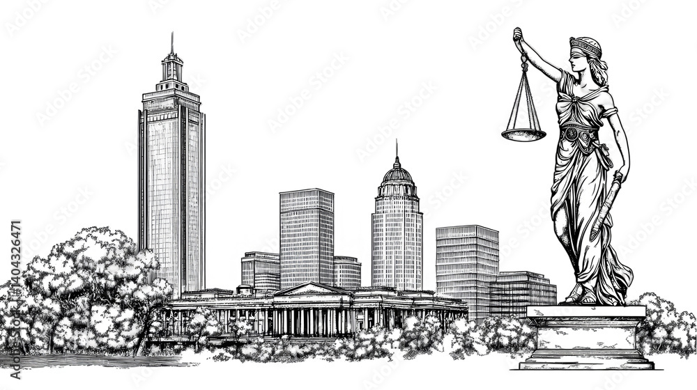 Obraz premium Monochrome Illustration of a City Skyline with Lady Justice and Buildings