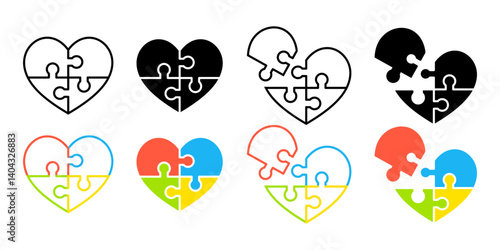Set of autism awareness month symbols. Puzzle colored heart. Child autism awareness icon. Puzzle heart shape icon. Jigsaw symbol. Yellow, red, blue, colors. Vector illustration