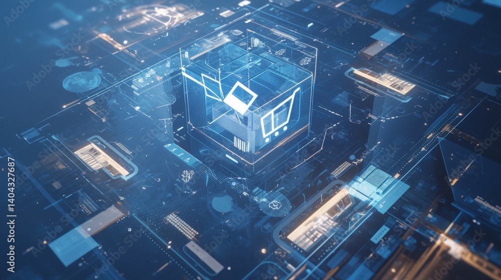 Naklejka premium Digital shopping cart inside futuristic cube, complex network data flow
