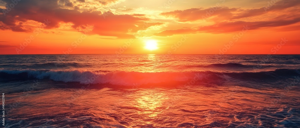 Obraz premium Ocean sunset with bright sun reflecting on water and clouds above.
