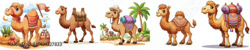 A collection of camel animal images with a cartoon style on a white background