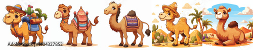 A collection of camel animal images with a cartoon style on a white background