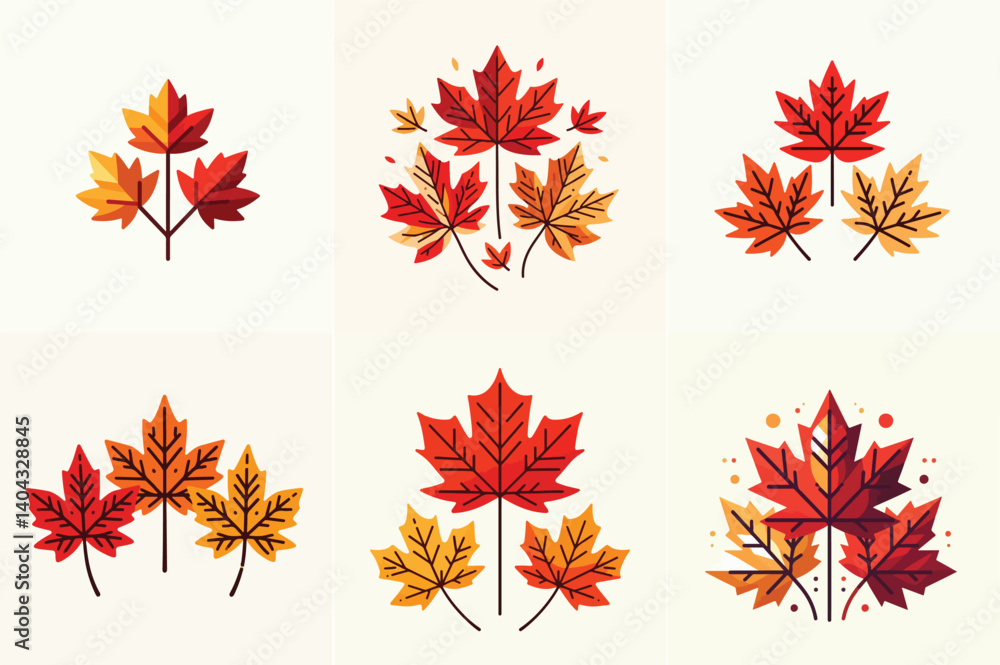 three maple leaves in red, orange, and yellow, minimal design on white background three maple leaves in red, orange, and yellow, minimal design on white background